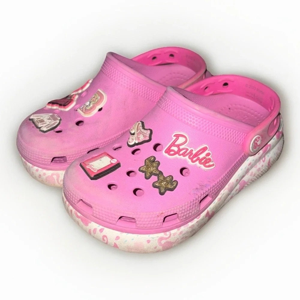 Barbie Crocs Pink Platform Clogs Size 13 Slide on  With Barbie Charms Fun Beach